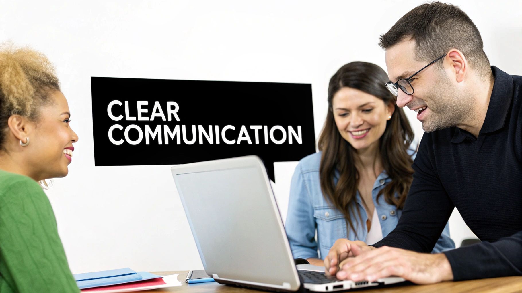 Three diverse professionals happily collaborating around a laptop with 'CLEAR COMMUNICATION' graphic.