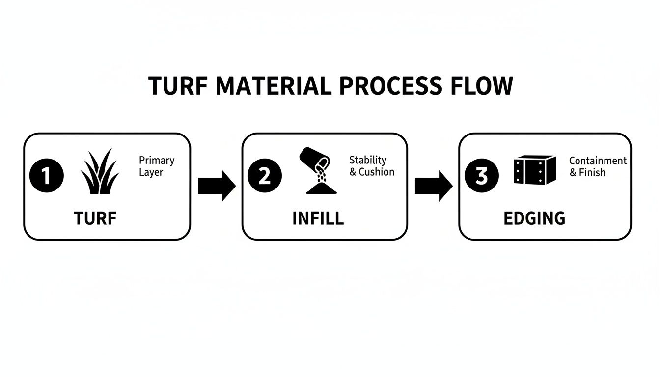 A diagram illustrating the three-step turf material process flow: turf, infill, and edging.