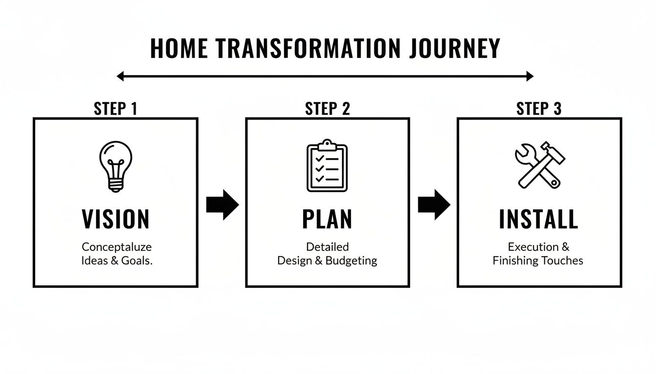 A three-step home transformation journey infographic showing Vision, Plan, and Install with corresponding actions.