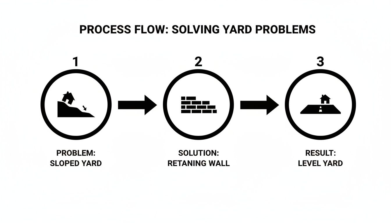 Process flow demonstrating solving a sloped yard problem with a retaining wall for a level yard.