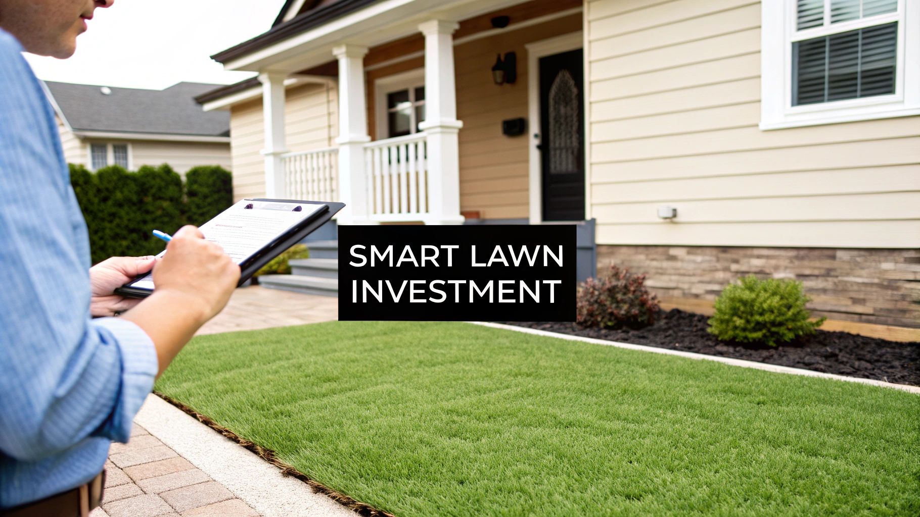 A person holds a clipboard inspecting a new artificial turf lawn and house, promoting smart lawn investment.