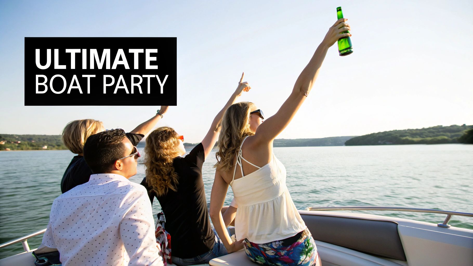 Friends having an ultimate boat party on Lake Travis, enjoying the sunshine with drinks.
