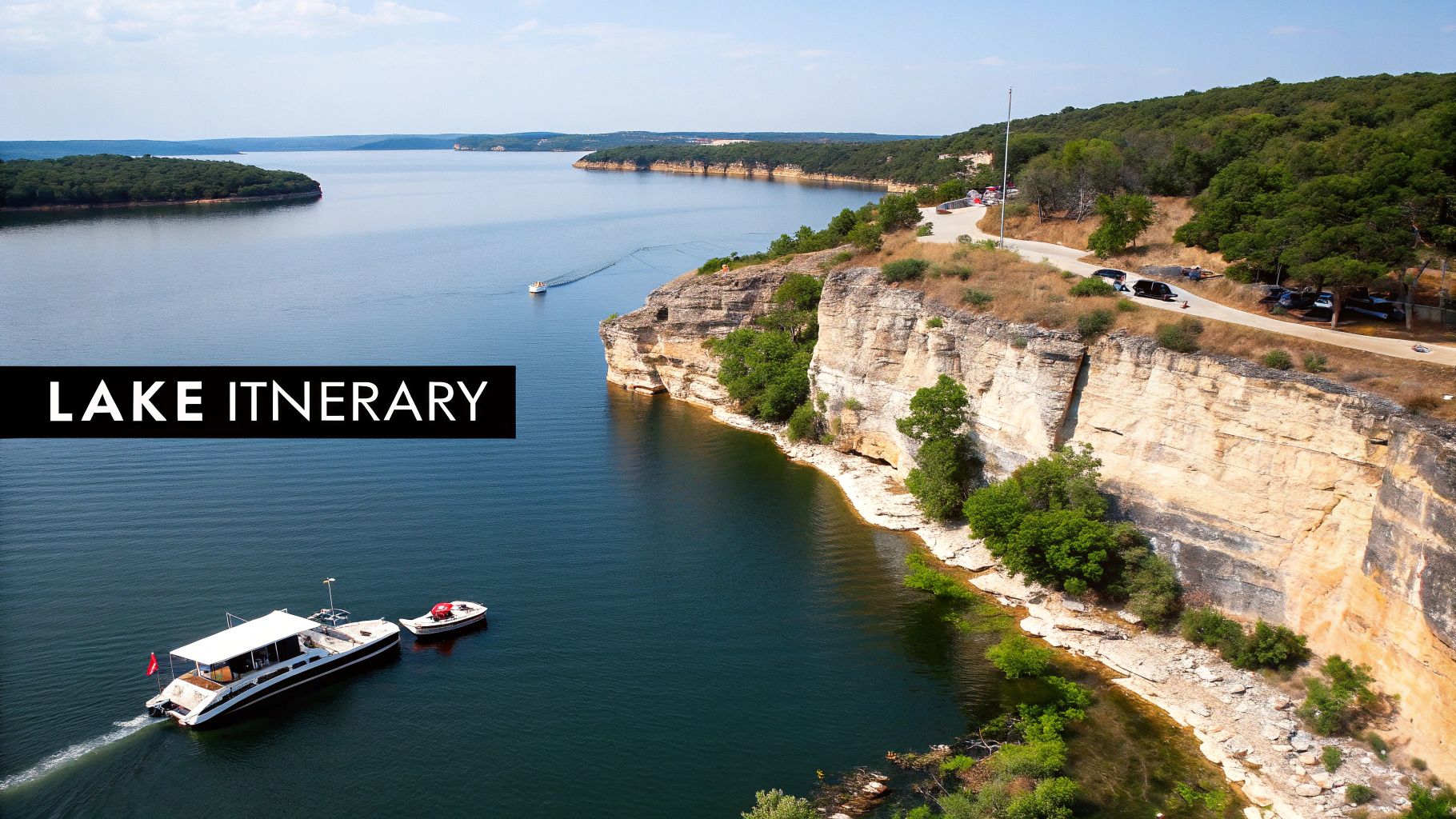 Aerial view of a large lake with steep rocky cliffs, a road, cars, boats, and lush green trees.