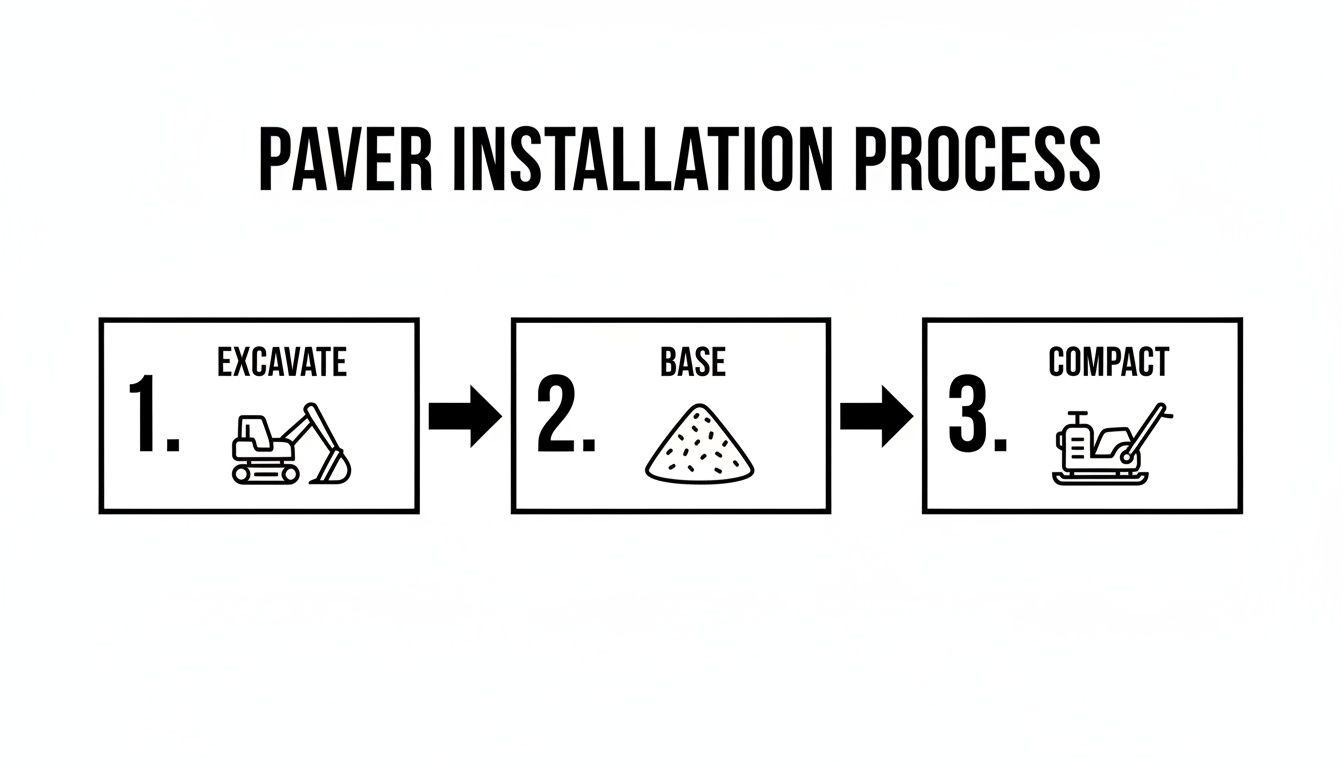 A diagram illustrating the three steps of the paver installation process: excavate, base, and compact.