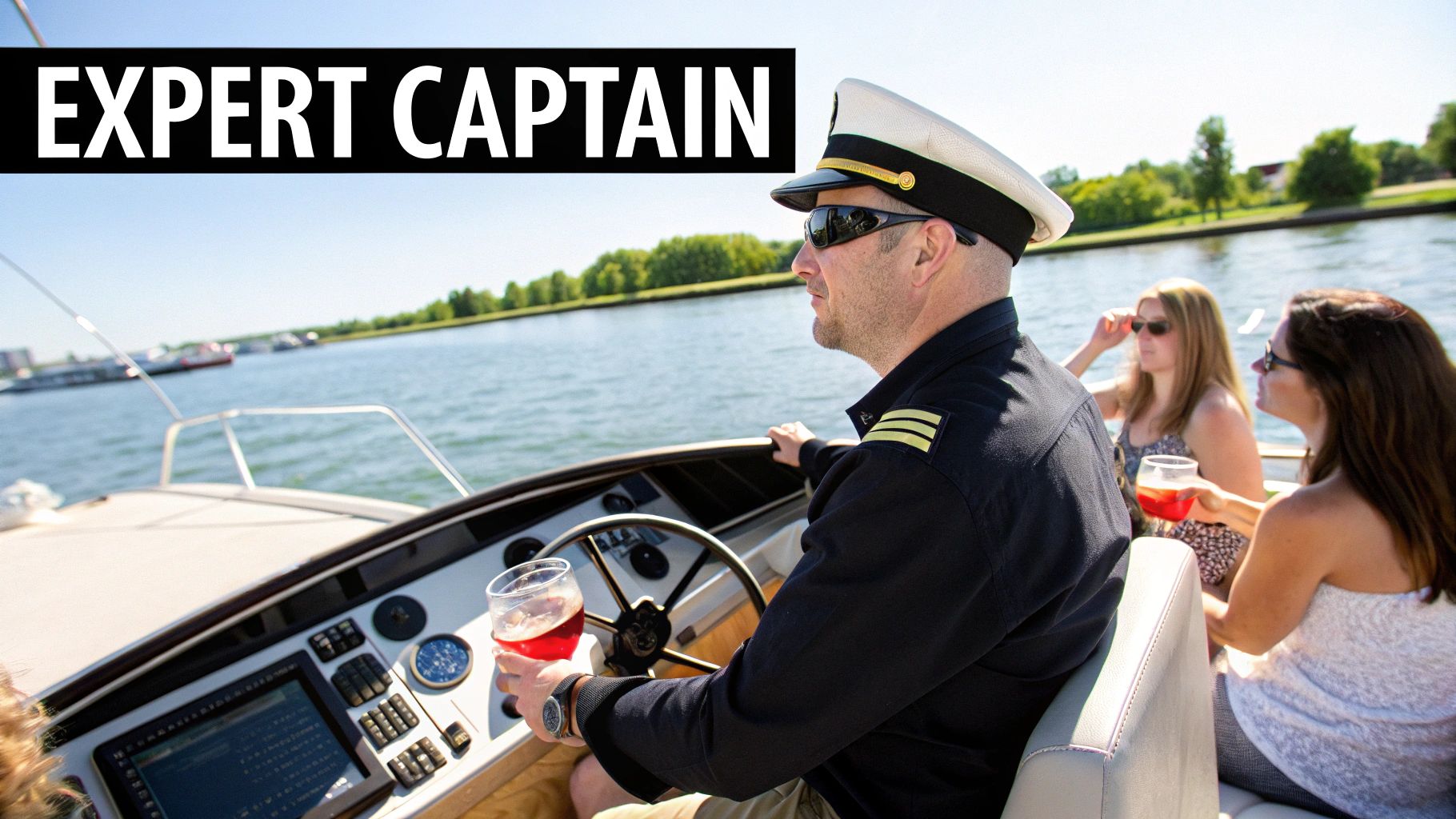 An expert boat captain in uniform steering a boat with two women passengers enjoying drinks.