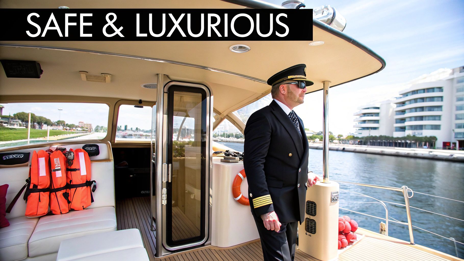 A uniformed captain stands on a luxurious double-decker boat with visible life jackets, emphasizing safe and elegant travel.