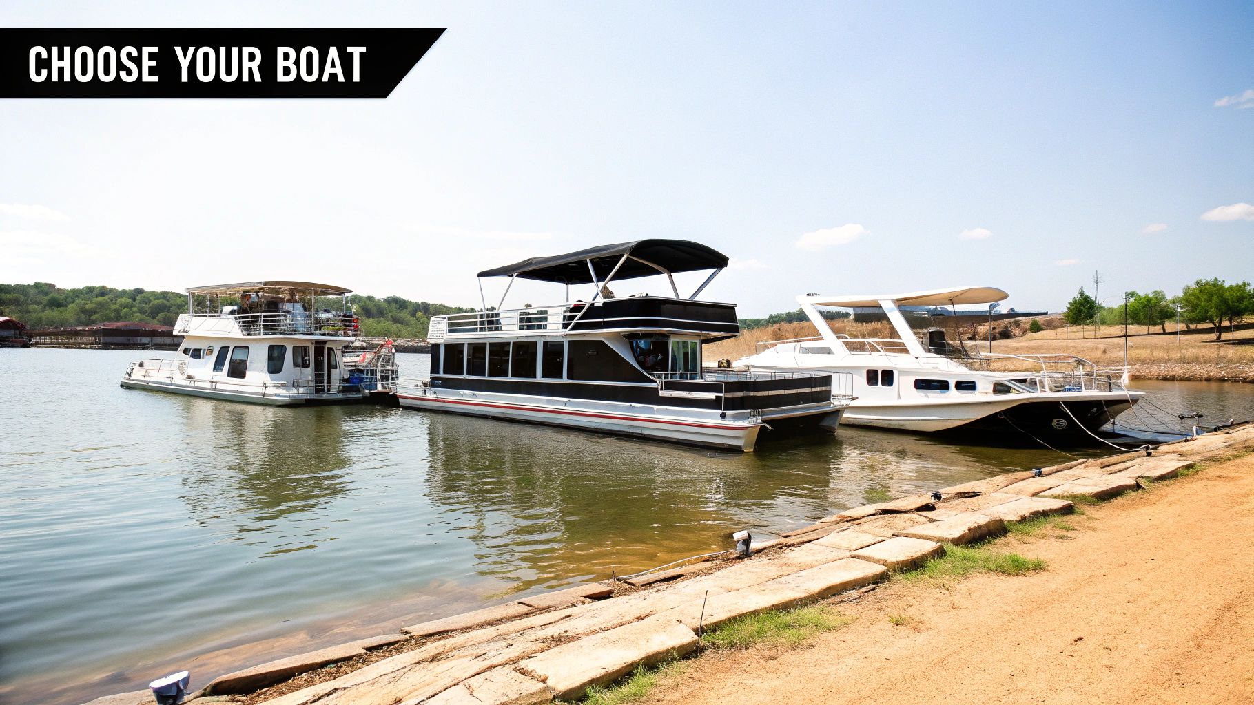 Choose your boat: three large rental houseboats and a powerboat docked on a sunny lake.