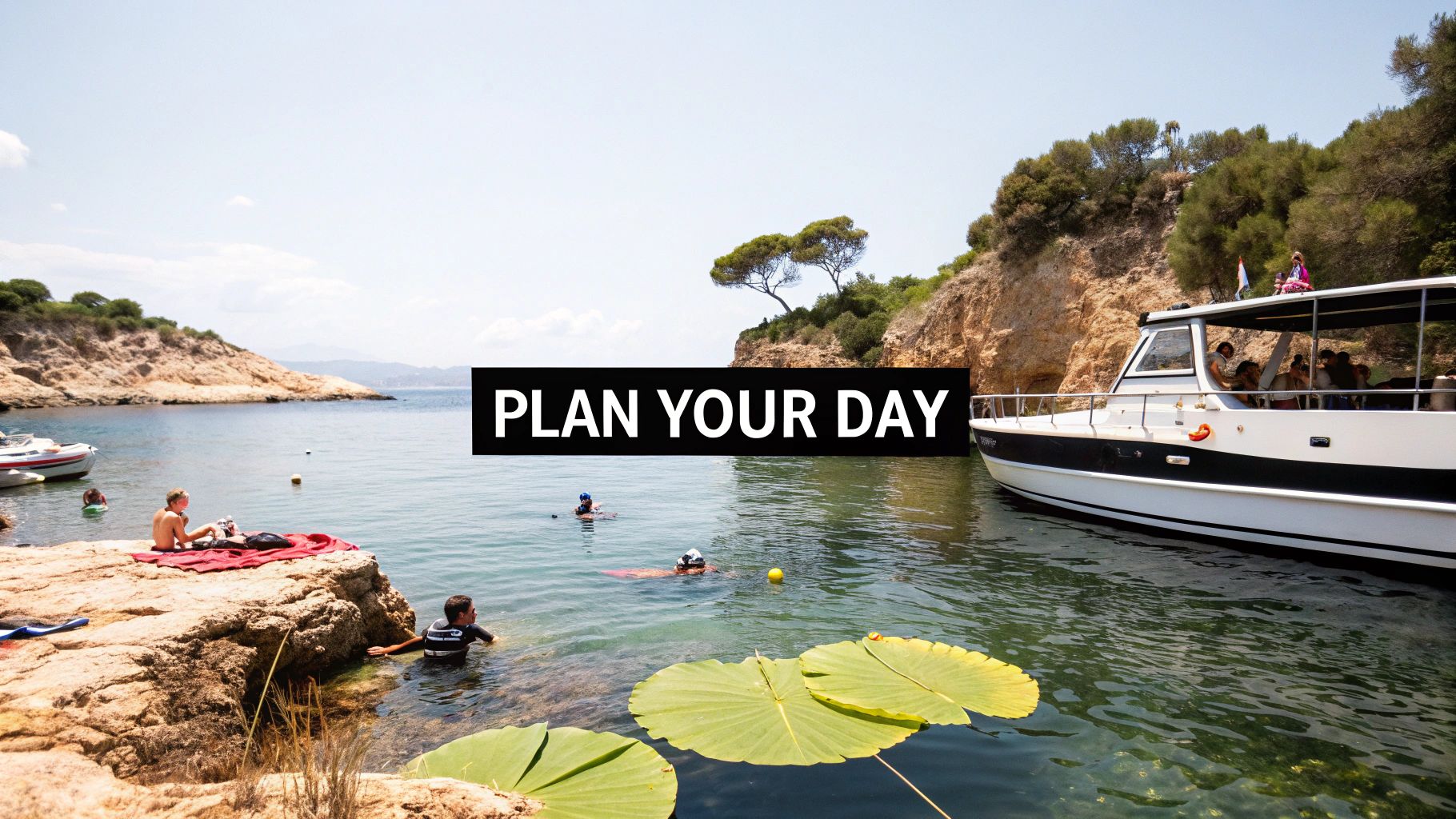 A vibrant scene of people enjoying a sunny day swimming and boating in a beautiful coastal bay.