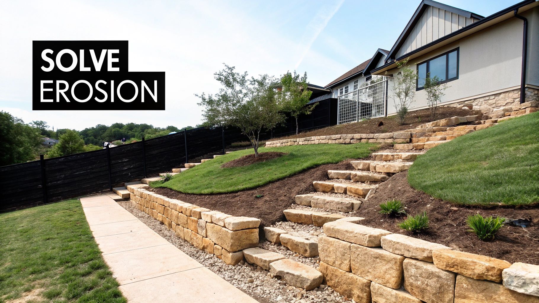 A terraced backyard with stone retaining walls, steps, green lawn, trees, and a house, with 'SOLVE EROSION' text.