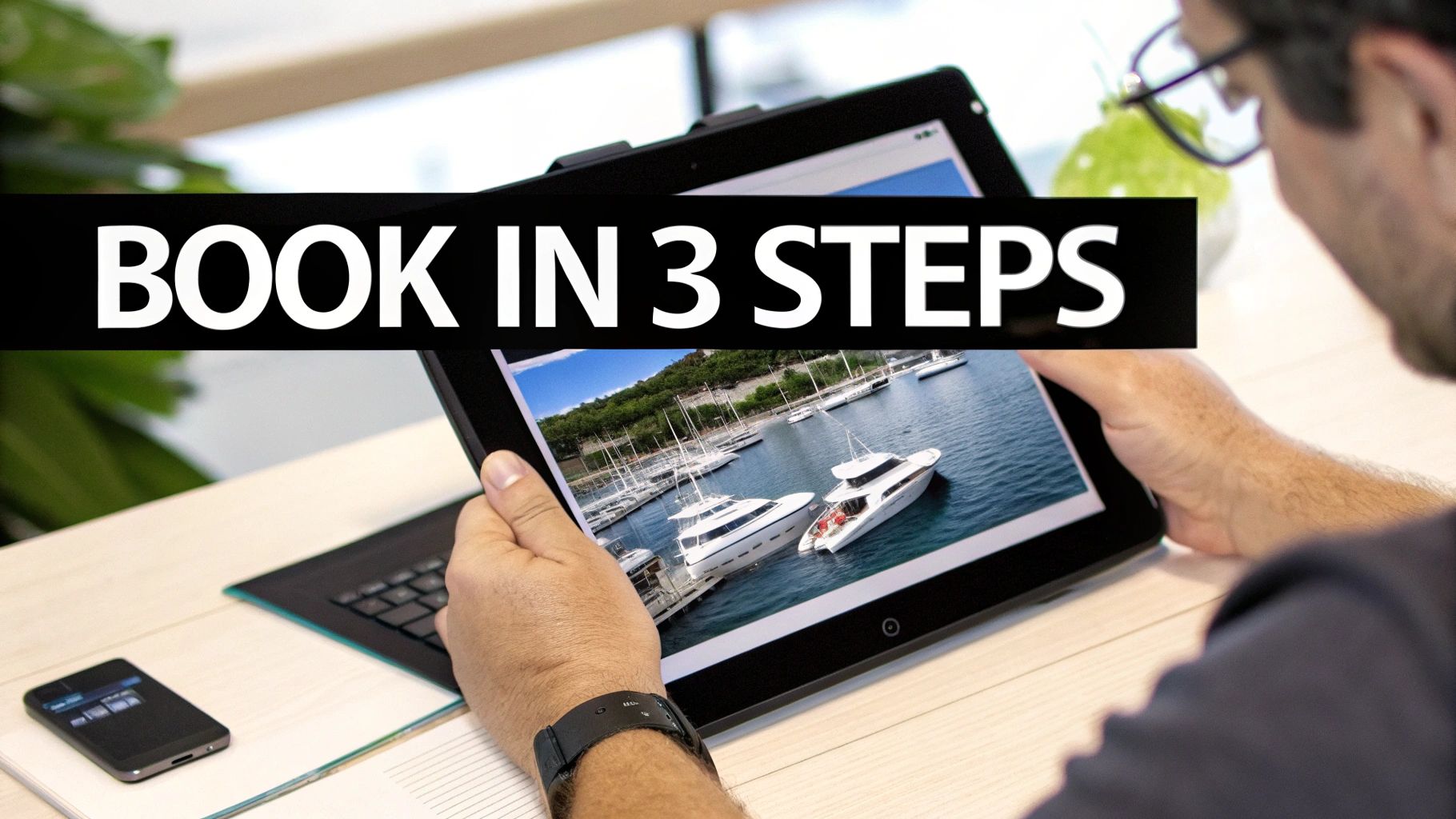 Person happily booking a yacht rental on their laptop