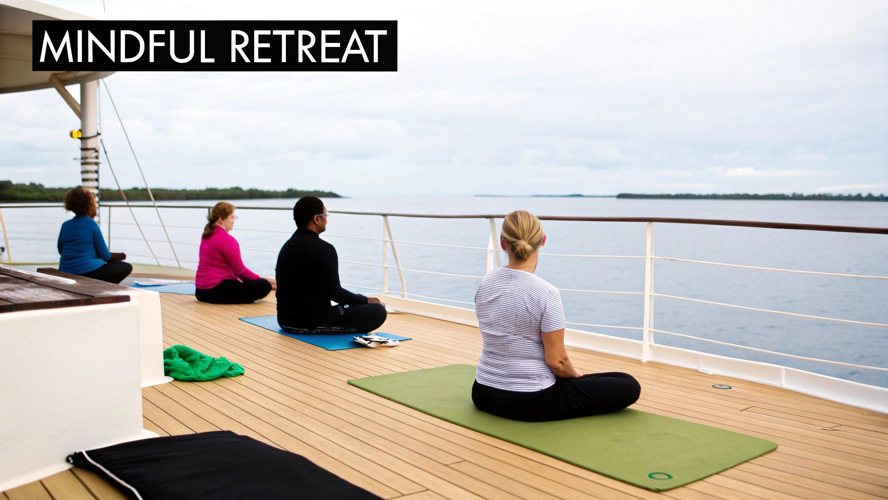 Four people meditating on yoga mats on a boat deck, looking out at the calm water during a mindful retreat.