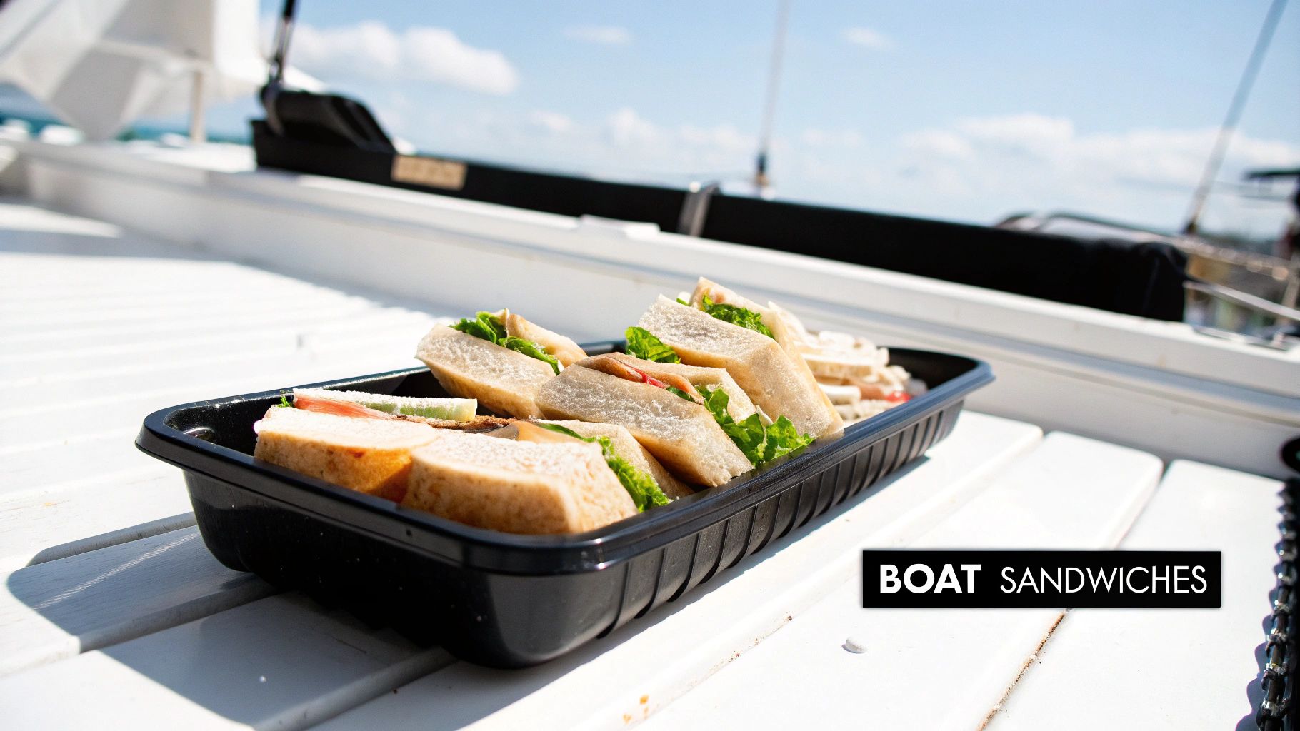 A black tray of fresh, triangular sandwiches with lettuce and fillings, sitting on a white boat deck under a sunny sky.