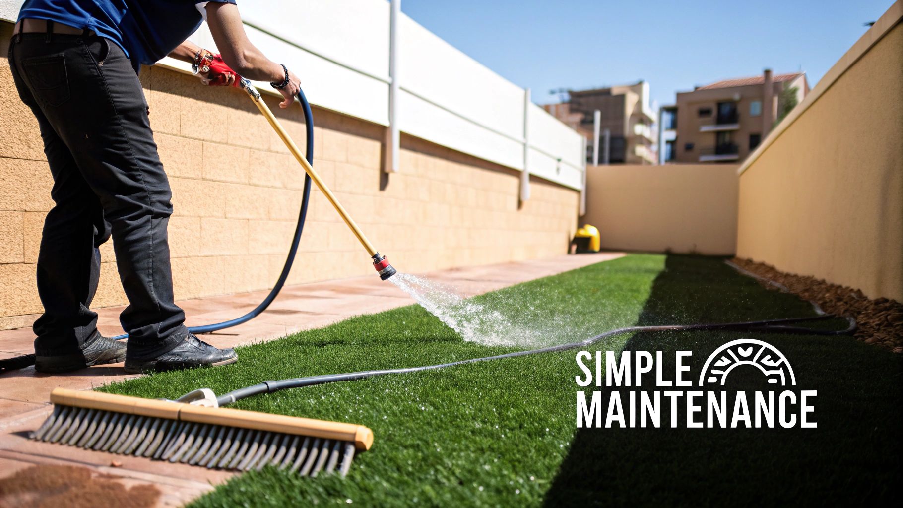 A professional turf installer kneels on a newly laid artificial lawn, carefully inspecting the seams and edges.