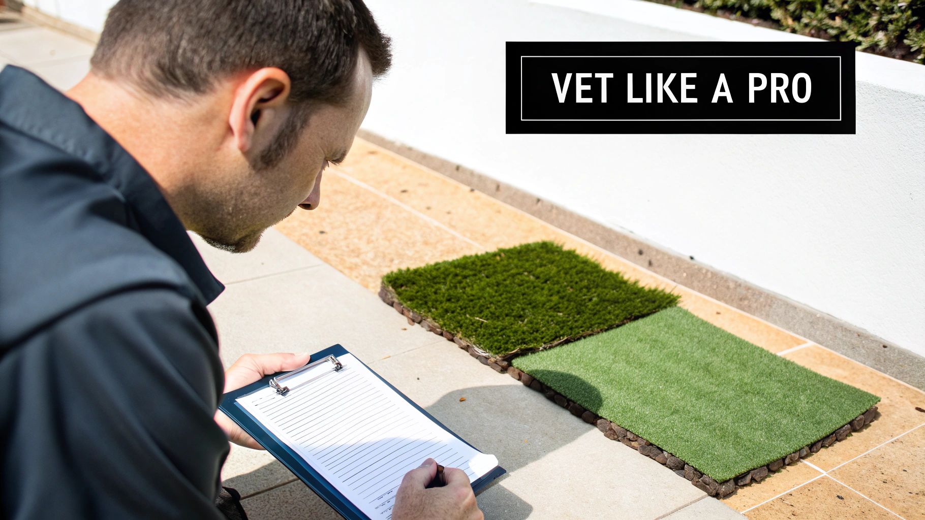 A professional turf installer laying down a roll of artificial grass in a residential backyard.
