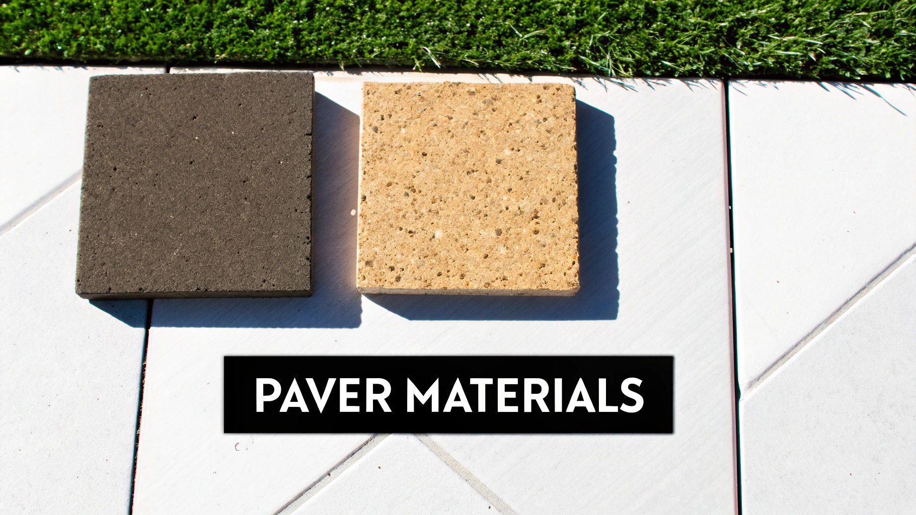 Two square paver samples, one dark grey and one light brown, displayed on white tiles next to green grass.