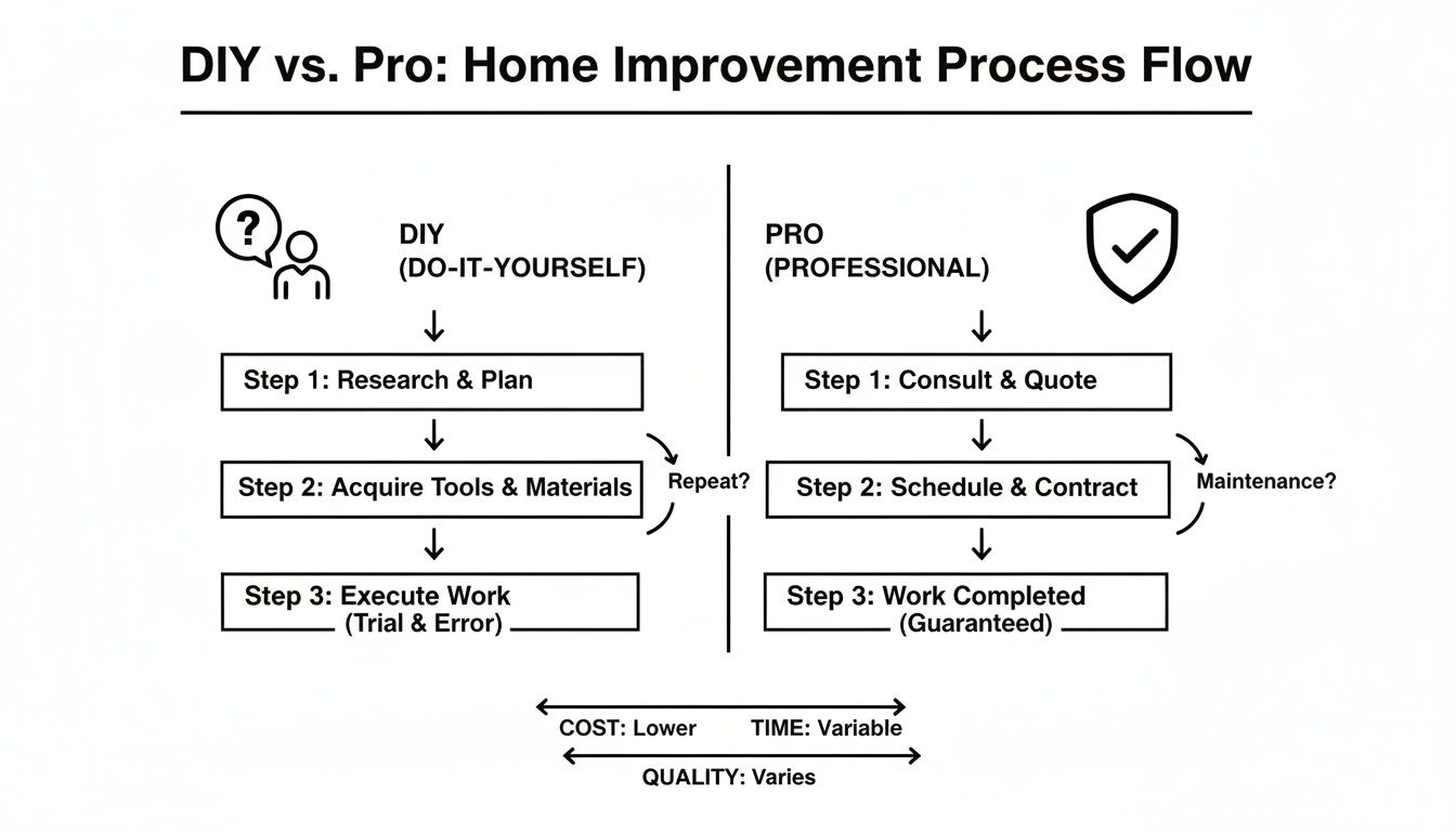 Flowchart comparing DIY and professional home improvement processes, detailing steps, cost, time, and quality.