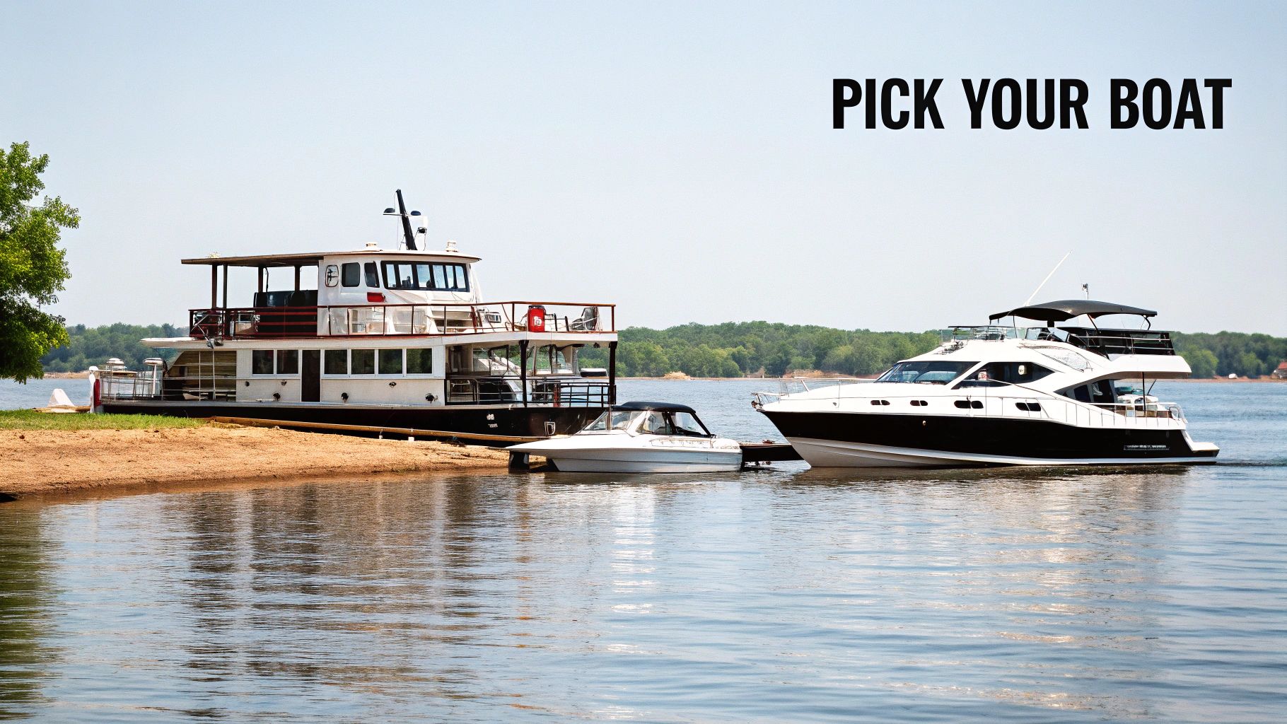 Three diverse boats, including a large tour boat and a modern yacht, on a sunny lake.