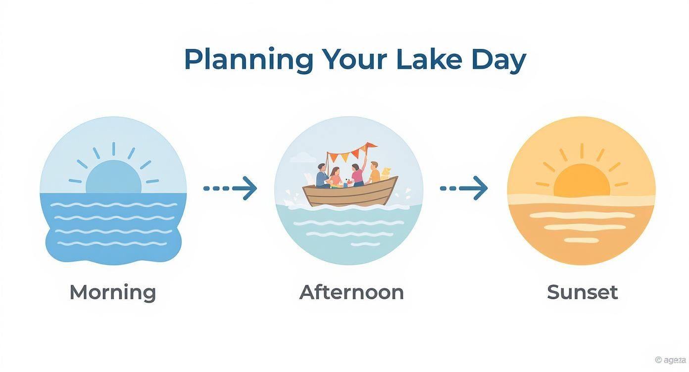 Illustration showing the progression of a lake day from morning activities to sunset, with a group on a boat.