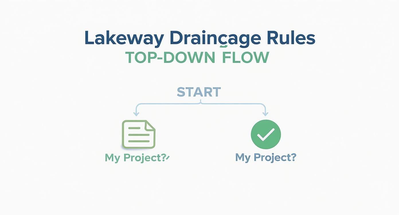 Lakeway Drainage Rules flowchart with a top-down flow, from 'START' to two 'My Project?' steps.
