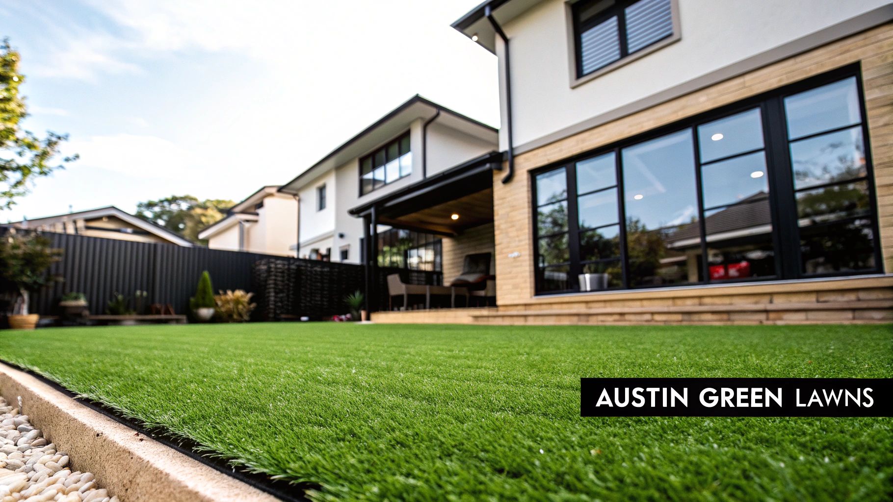 A family playing on a lush, green synthetic grass lawn in their Austin backyard.