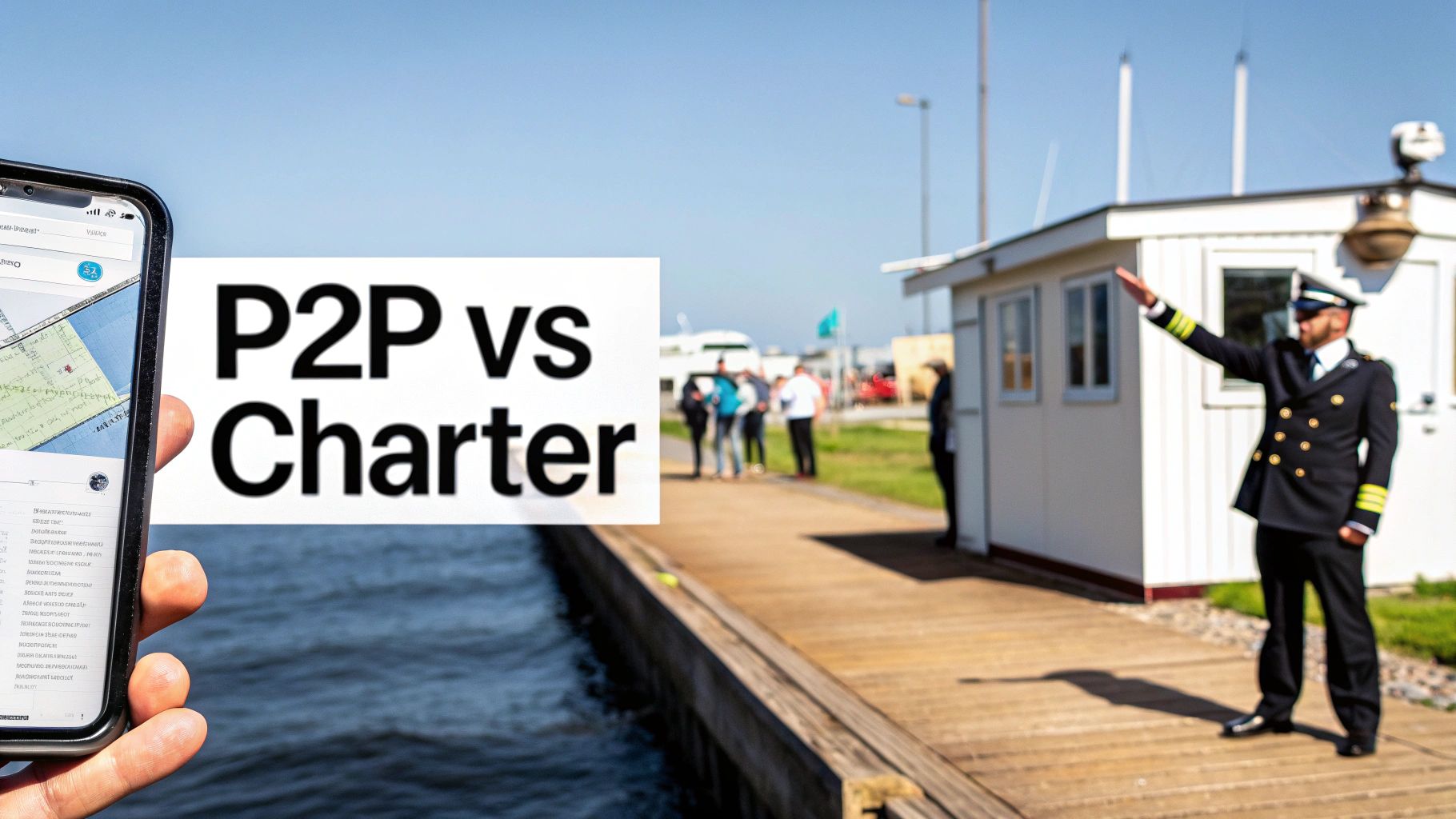 A hand holding a smartphone showing 'P2P vs Charter' text, with a captain in a harbor background.
