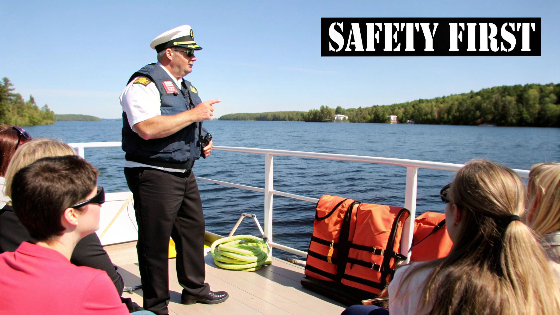 A group of friends enjoying a safe and fun day on a Lake Travis boat tour.