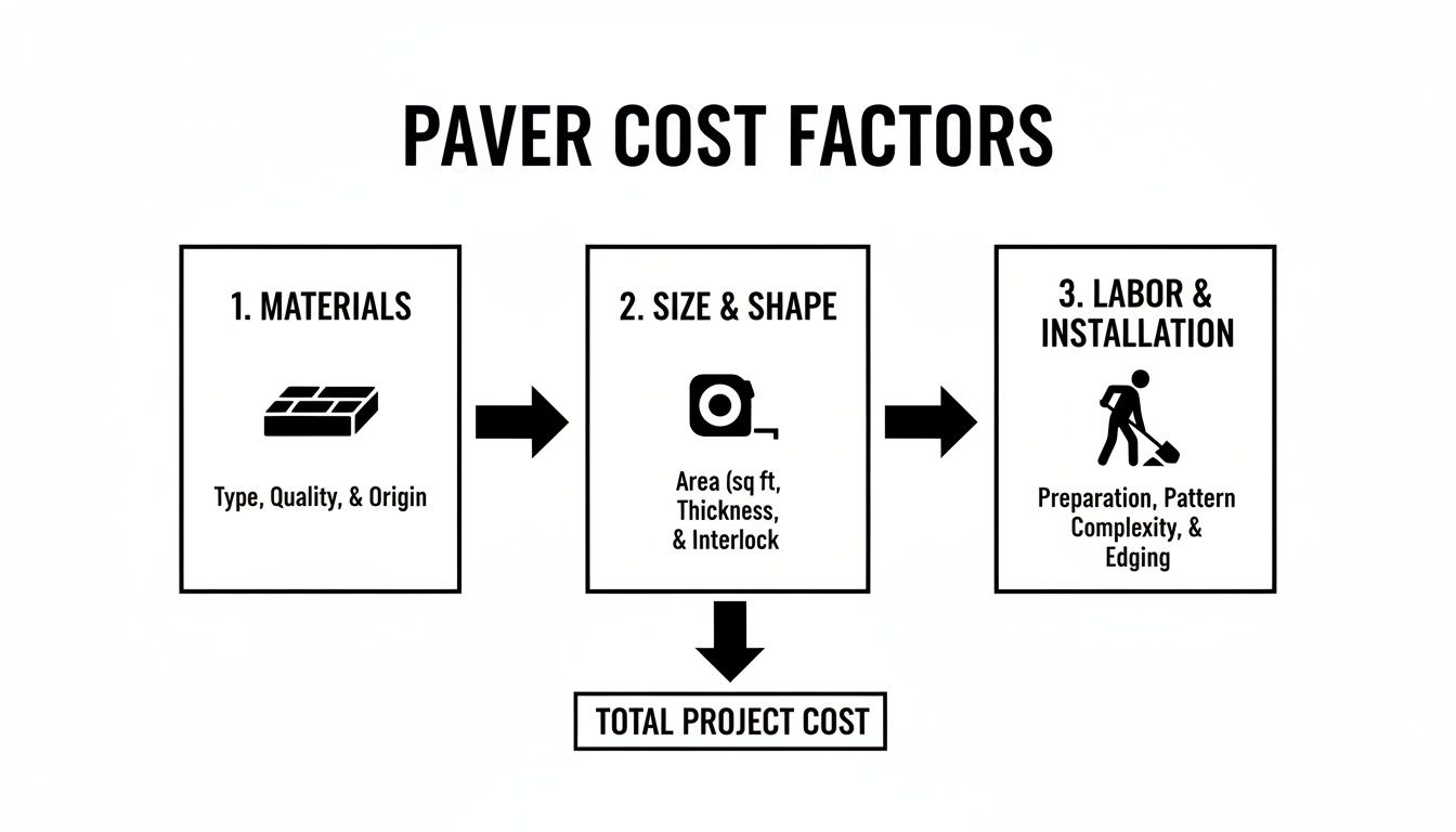 Flowchart illustrating key paver cost factors: materials, size and shape, and labor and installation.