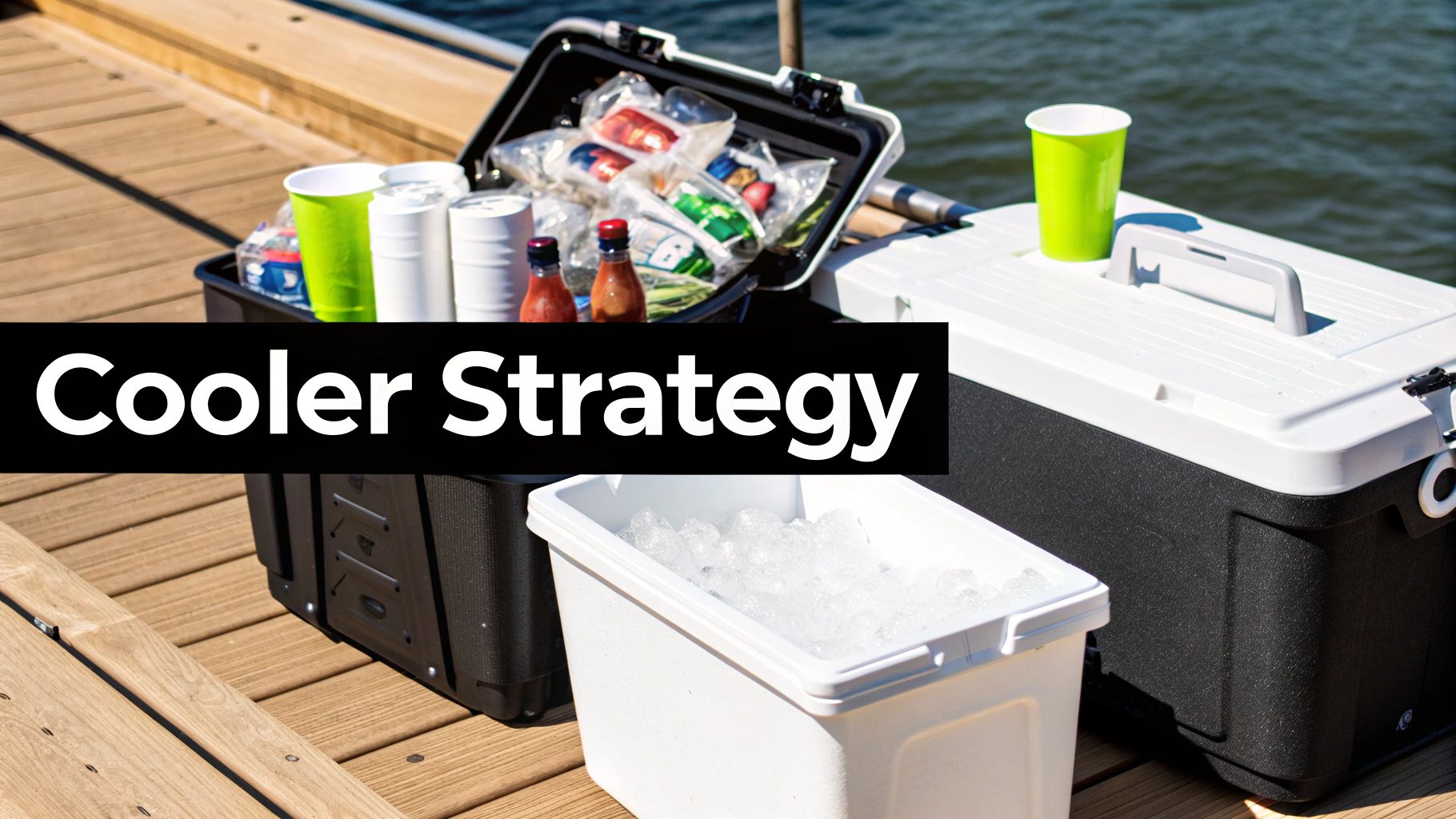 Multiple coolers with beverages, cups, and condiments arranged on wooden dock for pontoon boat entertaining