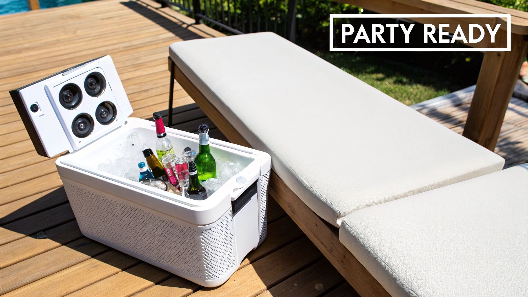 A white cooler with built-in speakers is filled with ice and drinks on a wooden deck next to a lounge chair.