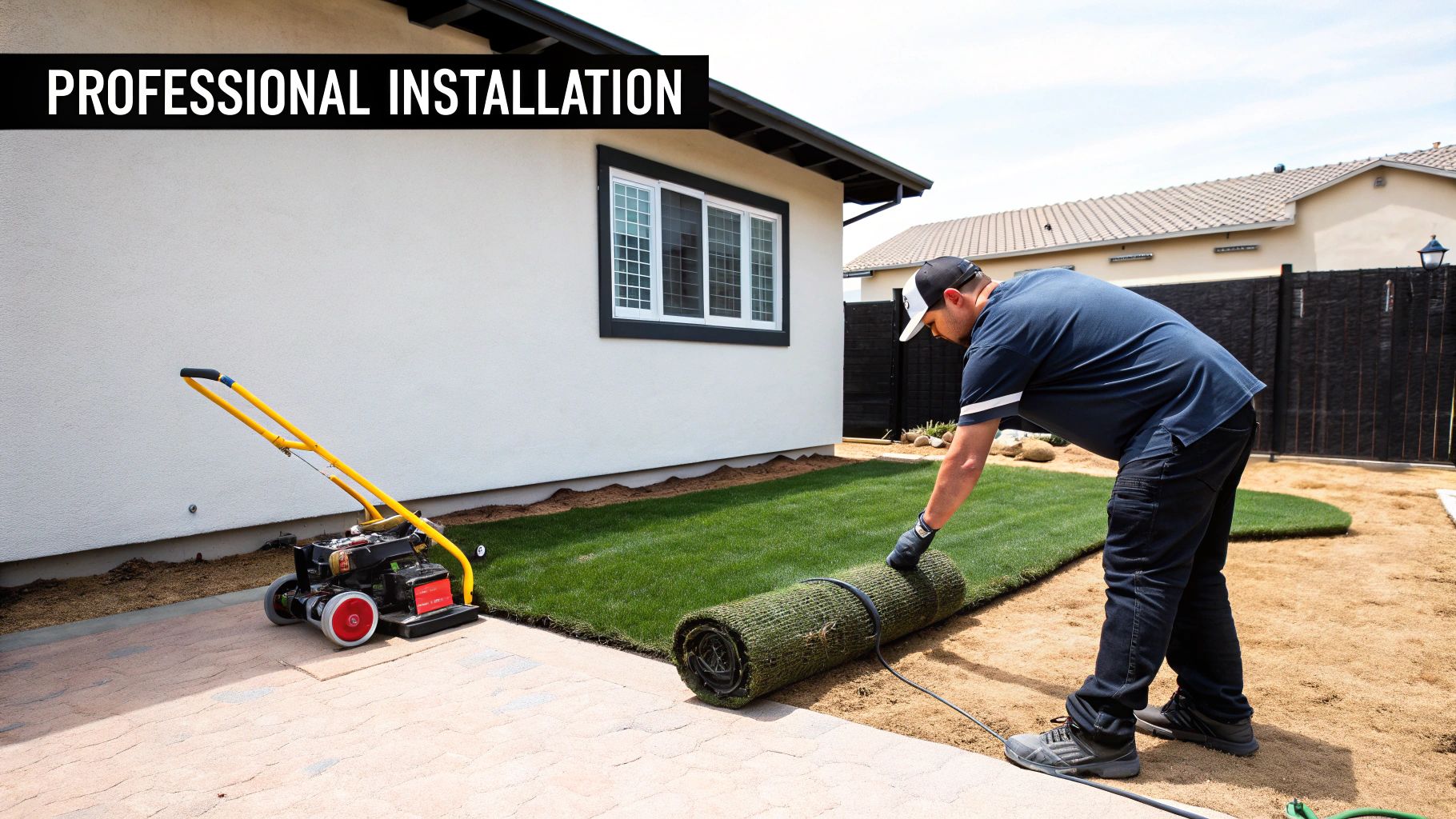 Professional installer unrolling green artificial turf in a residential backyard, with a compactor nearby.