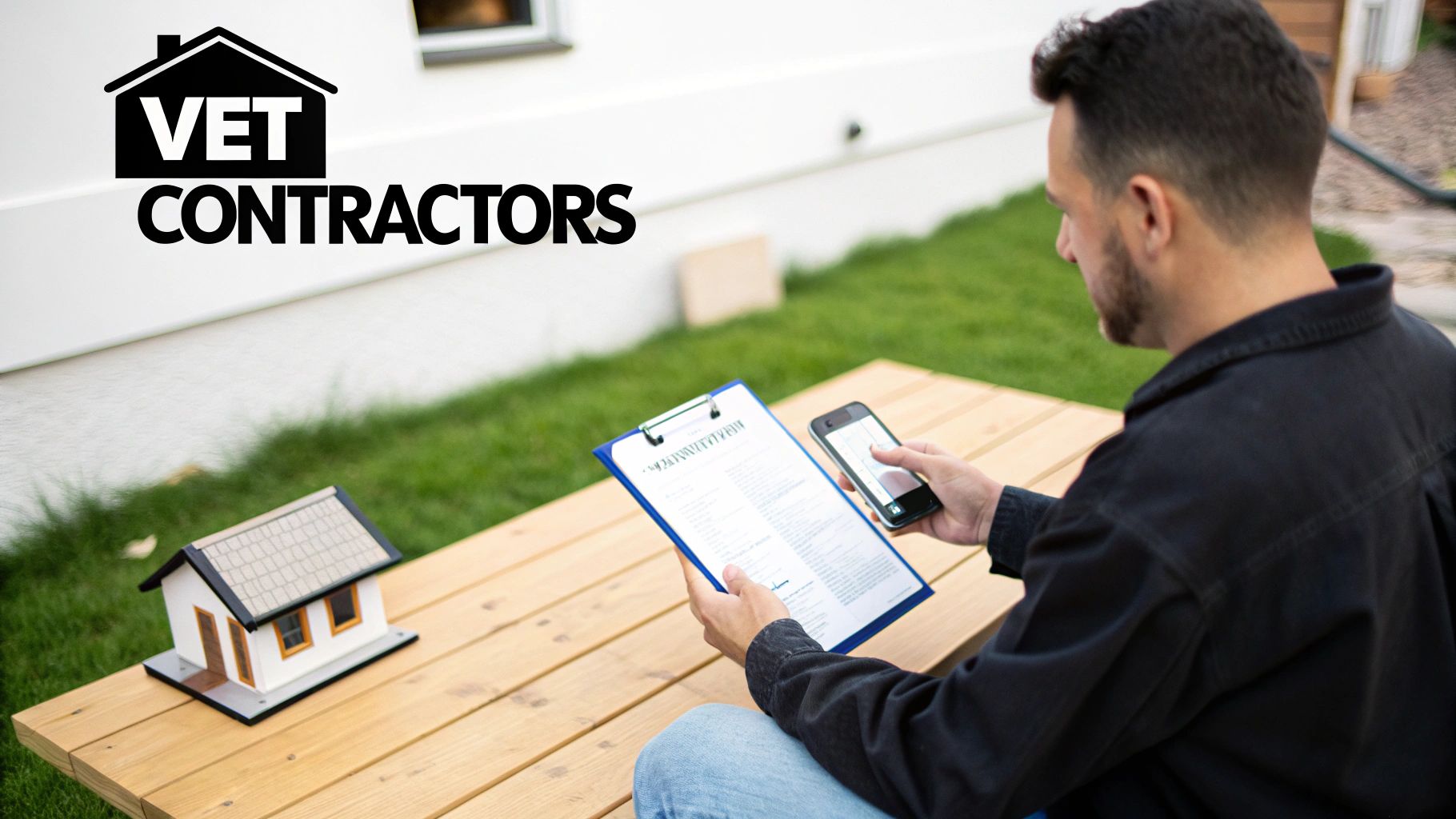 Man reviewing documents and using a smartphone with a miniature house model on a wooden table, featuring 'VET CONTRACTORS' logo.