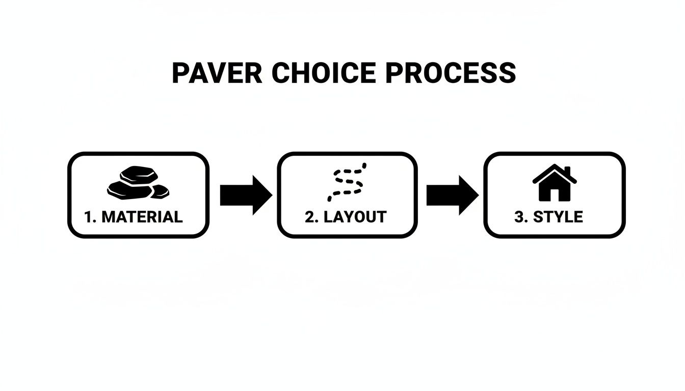 A flowchart detailing the paver choice process with three steps: material, layout, and style.
