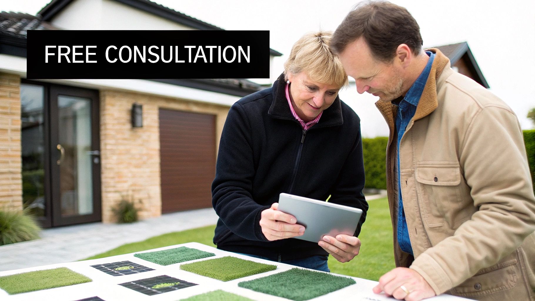 Man and woman consulting about artificial putting green turf samples with a tablet outside a house, free consultation.