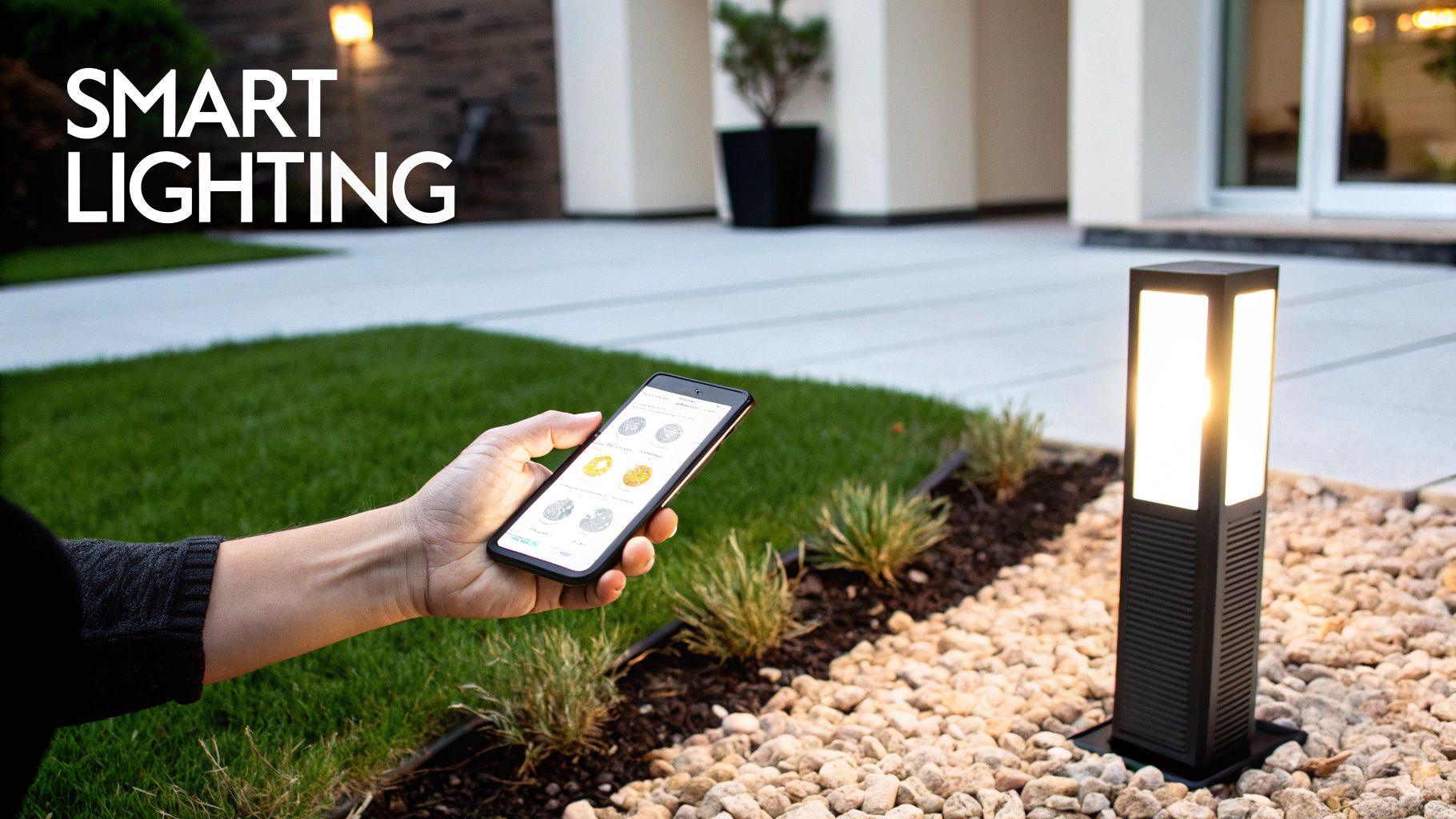 A hand holds a smartphone, controlling a modern outdoor smart lighting system with a glowing bollard.