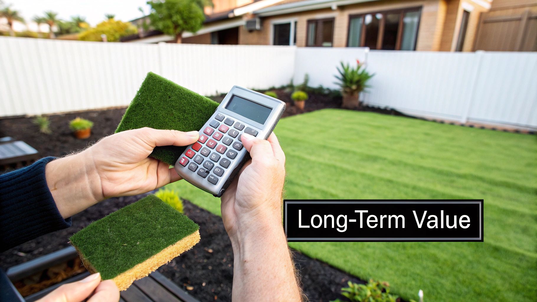 A beautiful, lush artificial turf lawn in a residential backyard, enhancing the home's curb appeal.