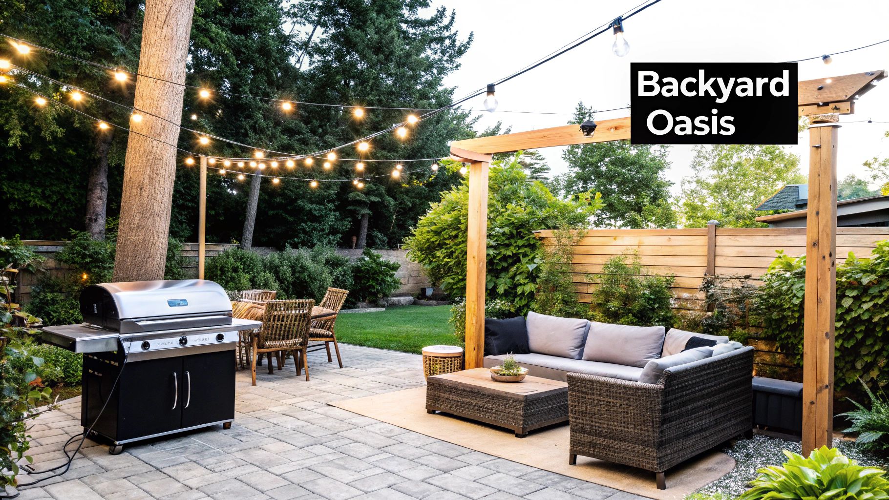 A luxurious modern outdoor kitchen with a built-in grill and elegant stone countertops.