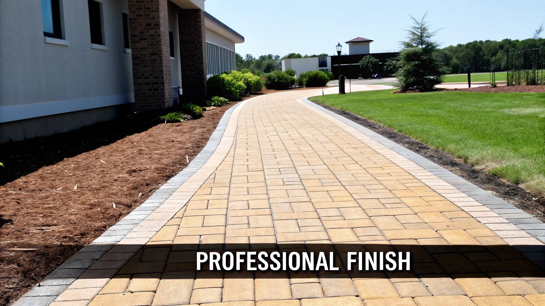 Curved paver pathway with contrasting borders leading through a professionally landscaped area next to a building.