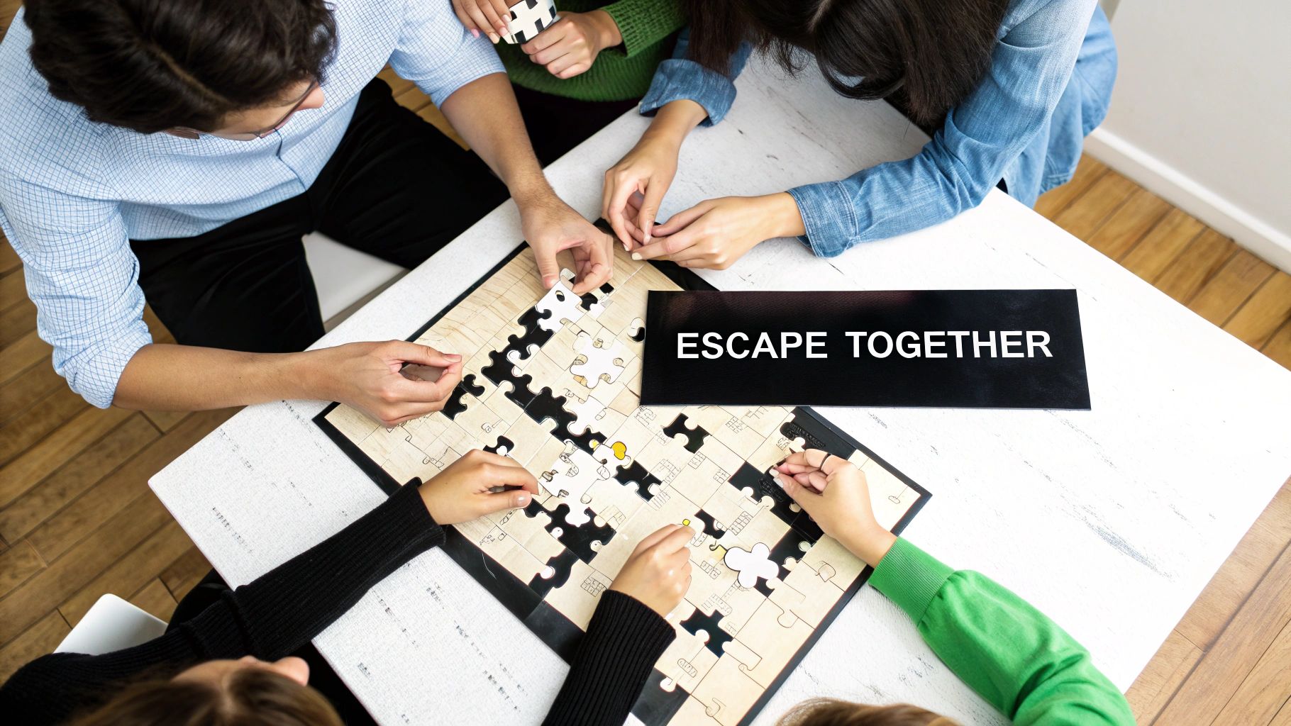 Overhead view of a diverse group of people collaborating on a wooden jigsaw puzzle with an 'Escape Together' sign.