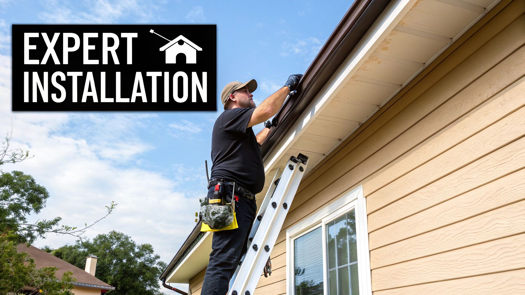 A man on a ladder expertly installs new brown gutters on the side of a beige house.