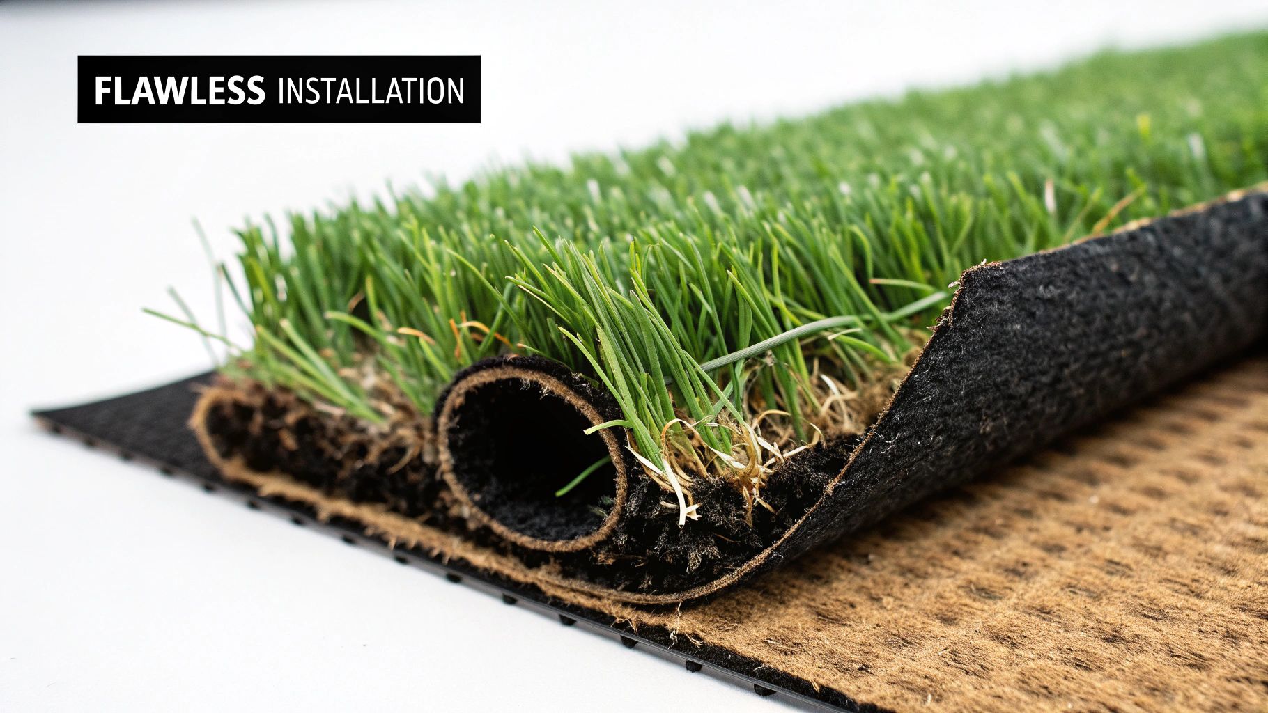 A professional turf installer smooths out a new artificial lawn, showing the detailed work involved.