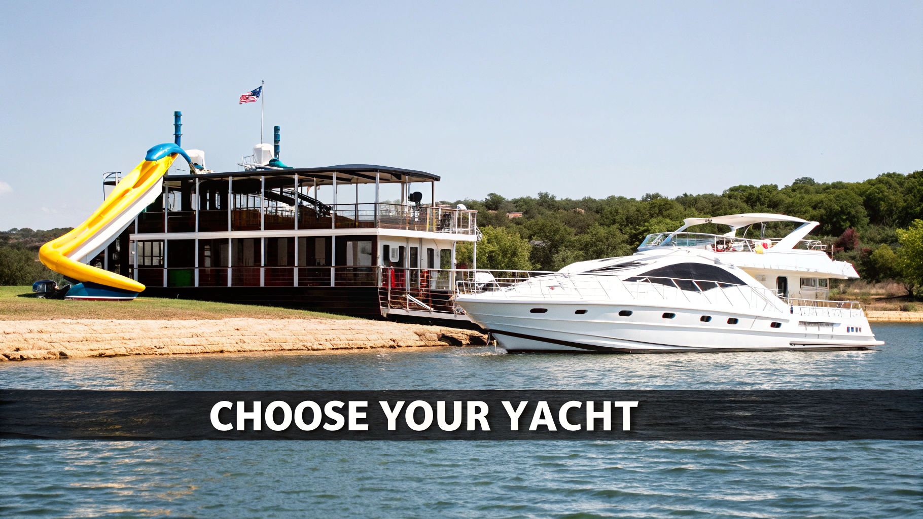 Two boats, a large party barge with a yellow slide and a sleek white luxury yacht, on a sunny lake.