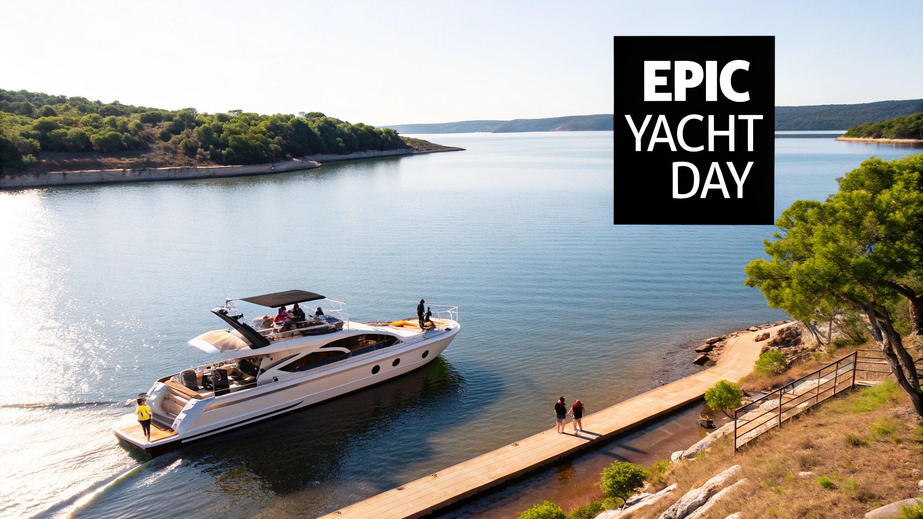An aerial view of a luxury yacht with people on a calm lake, approaching a dock with two people.