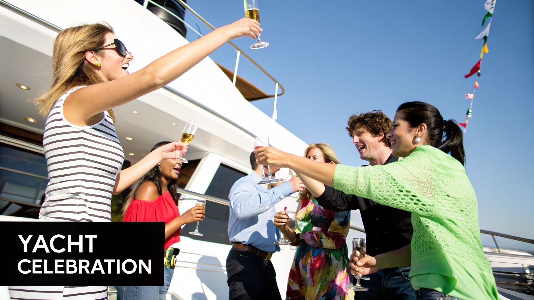 Group of friends celebrating a birthday on a luxury yacht with the sun setting in a background