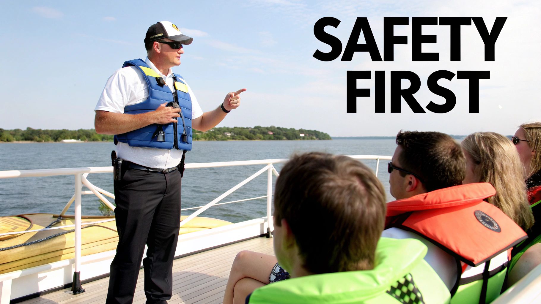 A boat instructor in a life vest points while giving a safety briefing to passengers on a yacht.