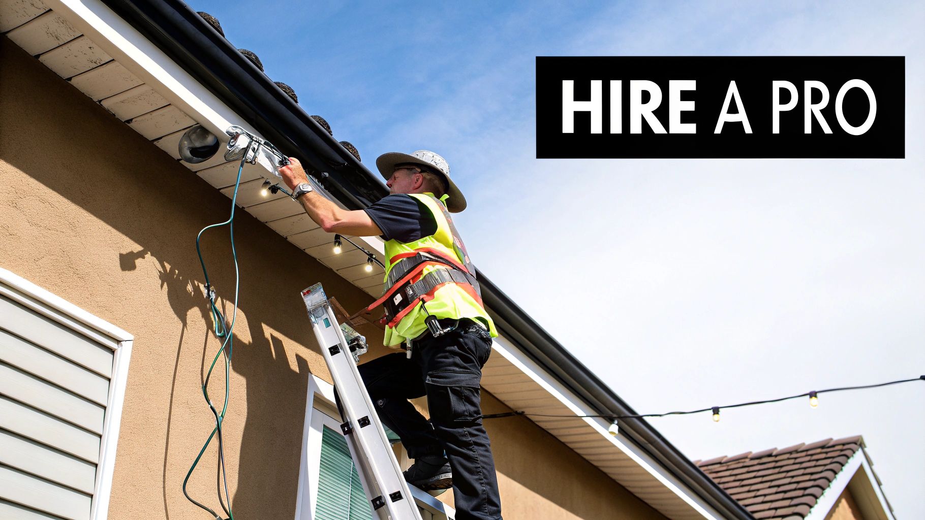 Professional electrician installs outdoor soffit lighting on a residential building with a ladder.