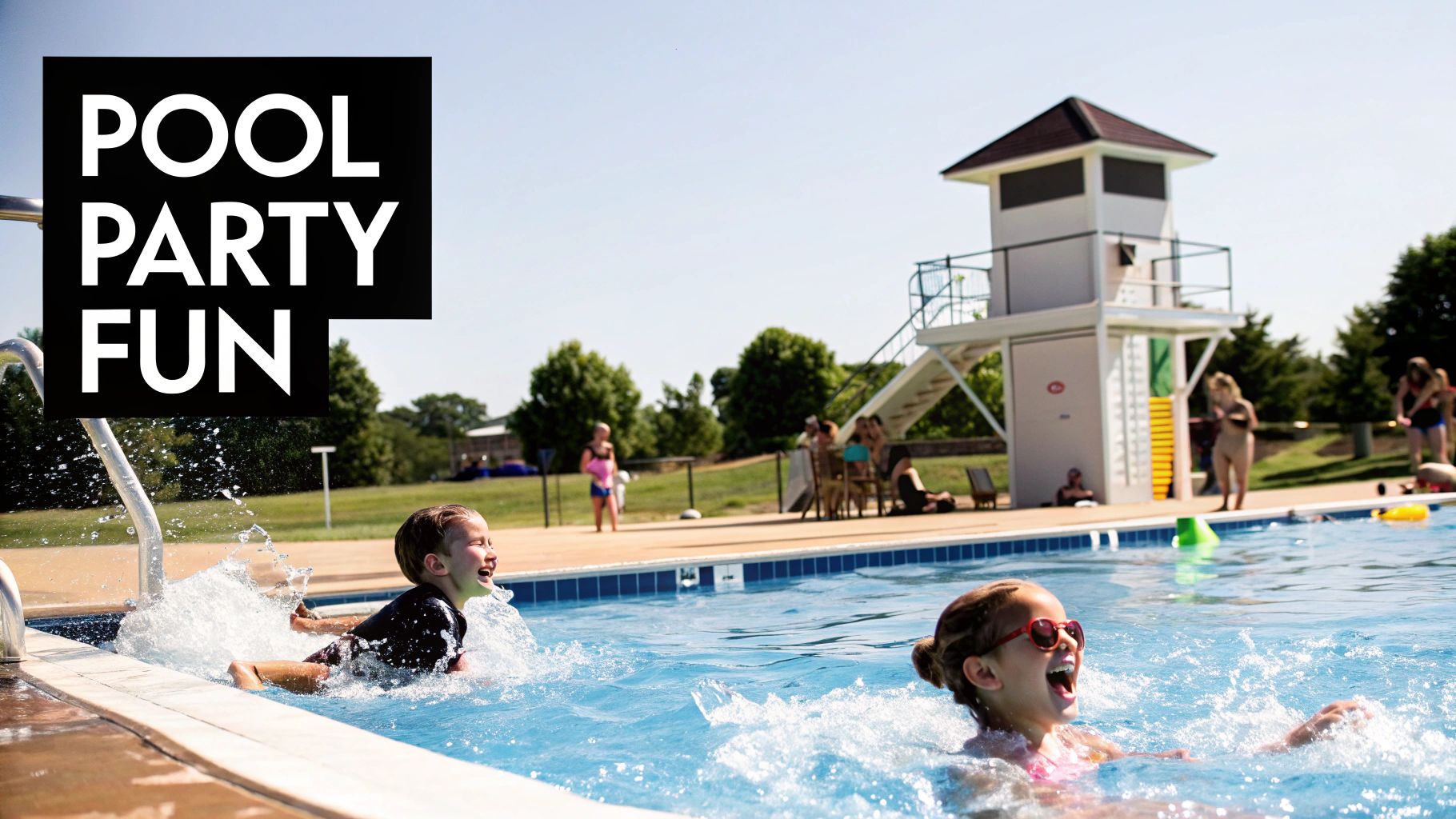 A lively birthday party at a swimming pool venue with kids playing in the water.