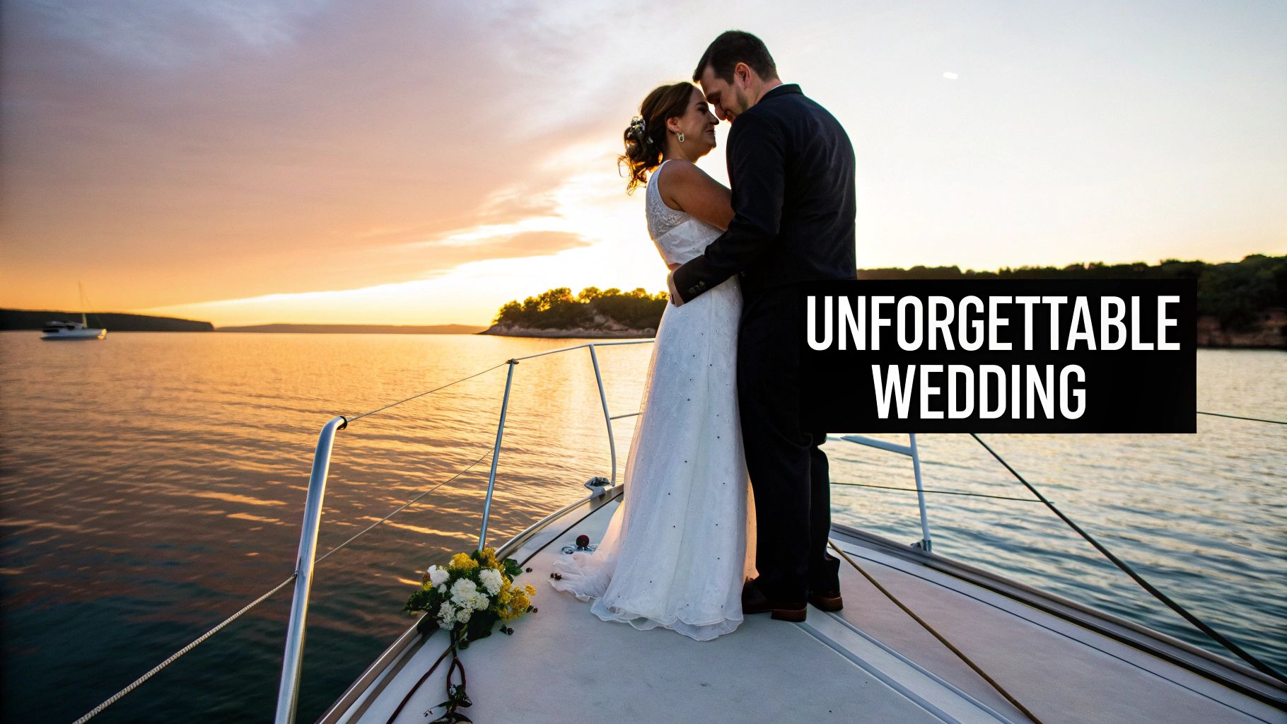 A happy wedding couple embraces on a boat at sunset, with a beautiful sky and calm water.