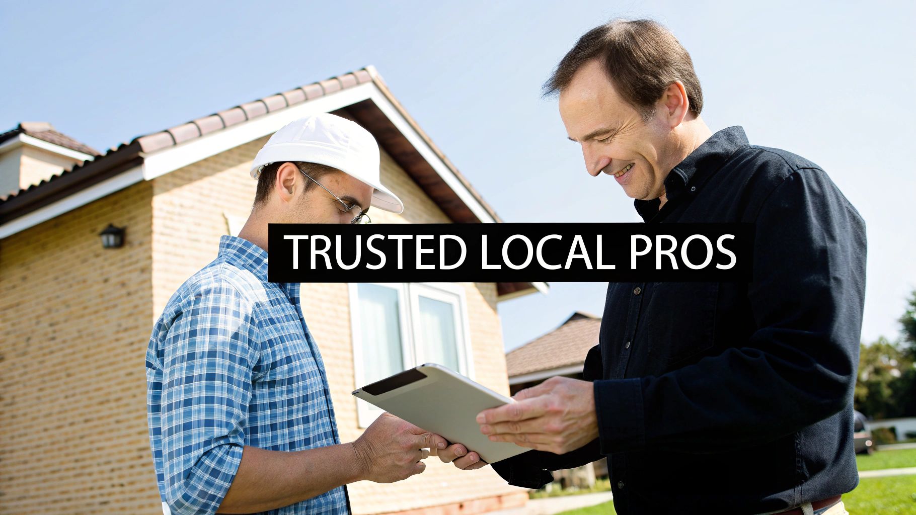 A professional contractor in a hard hat shows a homeowner a tablet, discussing a home improvement project.