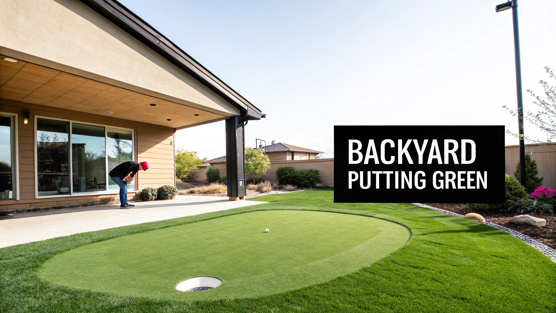 A person in a red hat is about to putt on a beautiful backyard putting green.