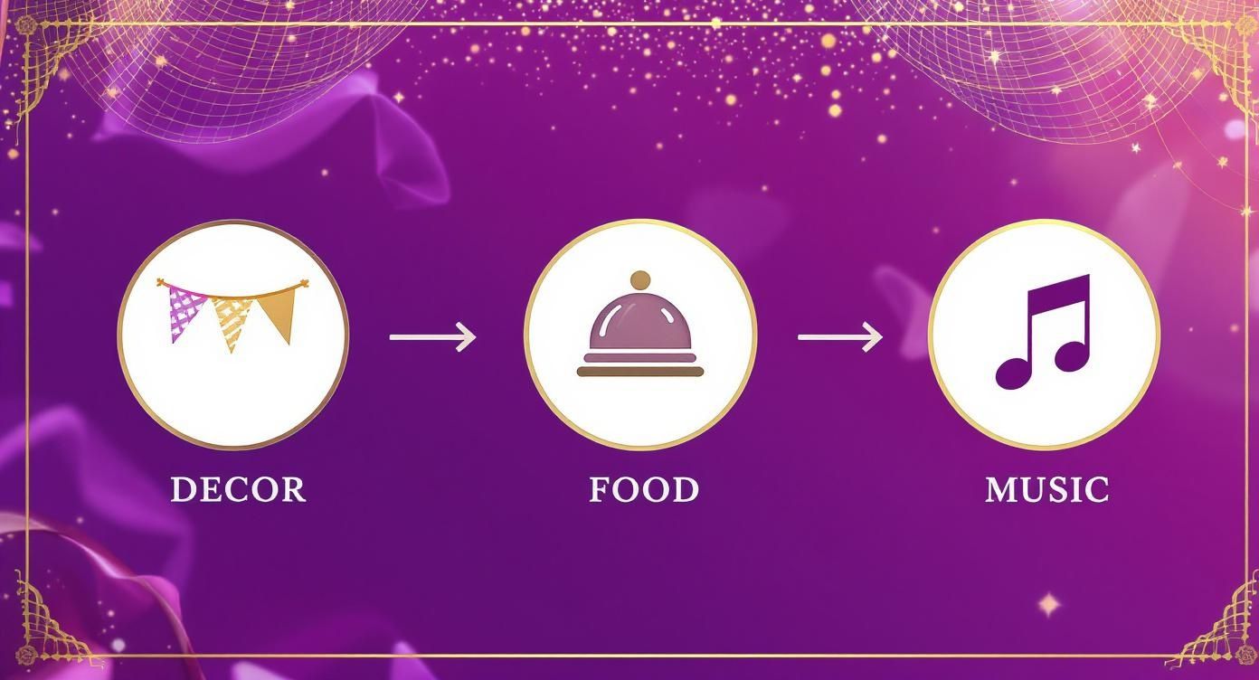 Infographic showing the process flow for creating a great party atmosphere, with icons for Decor, Food, and Music in vibrant purples and gold.